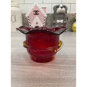 VINTAGE PILGRAM ART AMBERINA VASE BOWL CRACKLE RUFFLED EDGE APPLIED DETAIL